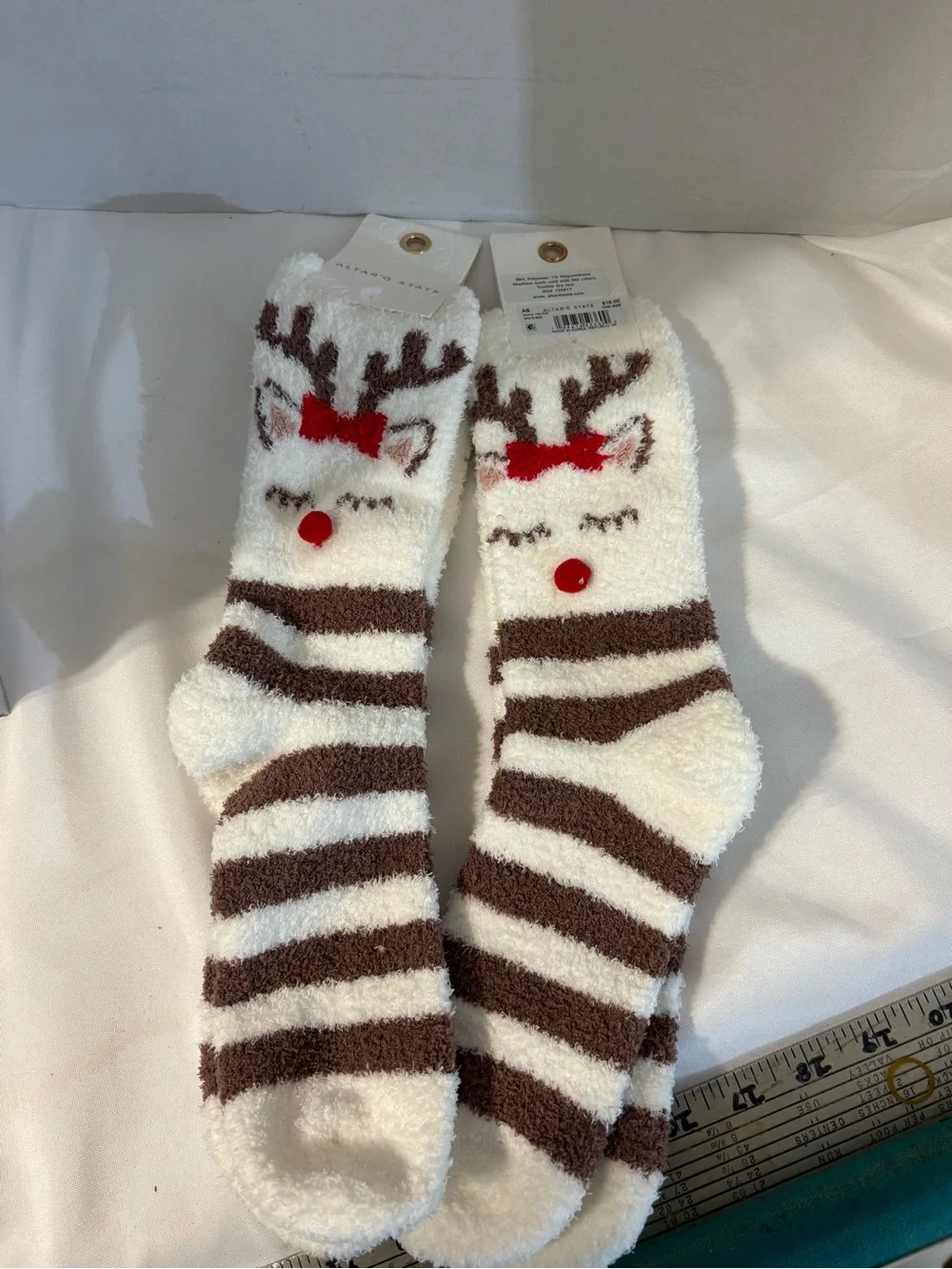 Altar'd State White Reindeer Plush Socks Red Bow women’s OS fuzzy 2 pair NWT